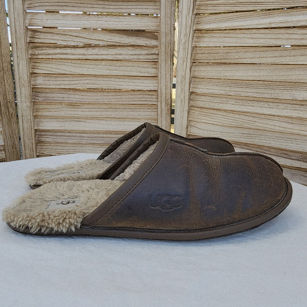 UGG Australia Sz 13 Brown Leather Scuff Slip On Slippers Cozy Warm Winter Loafer